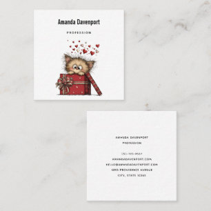 Cute Cartoon Kitten in a Box with Hearts Square Business Card