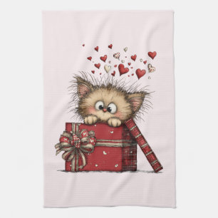 Cute Cartoon Kitten in a Box with Hearts Tea Towel