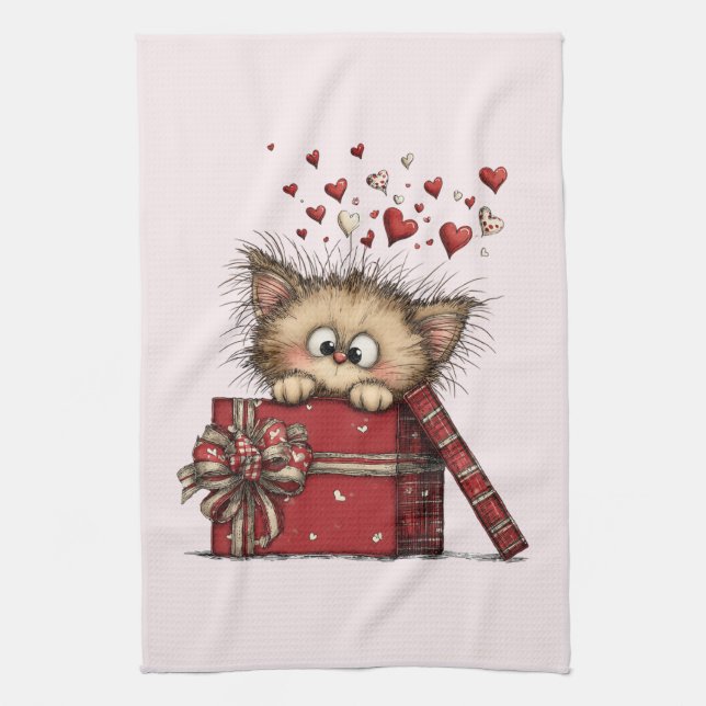 Cute Cartoon Kitten in a Box with Hearts Tea Towel (Vertical)