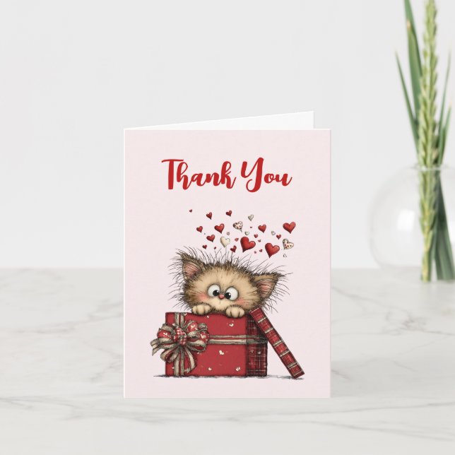 Cute Cartoon Kitten in a Box with Hearts Thank You Card (Front)
