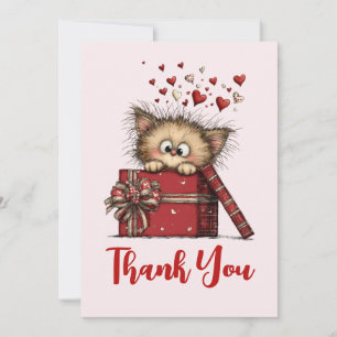Cute Cartoon Kitten in a Box with Hearts Thank You Card