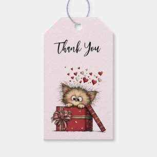 Cute Cartoon Kitten in a Box with Hearts Thank You Gift Tags