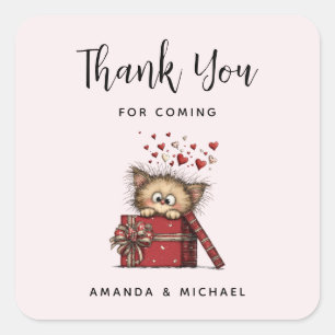 Cute Cartoon Kitten in a Box with Hearts Thank You Square Sticker