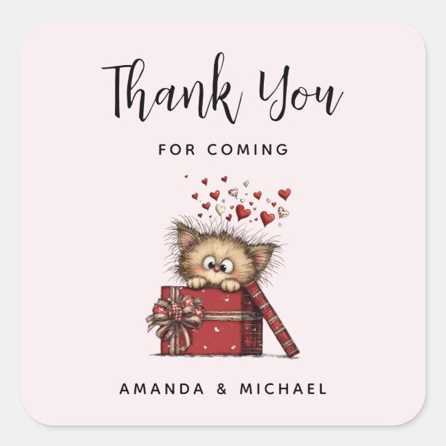 Cute Cartoon Kitten in a Box with Hearts Thank You Square Sticker (Front)