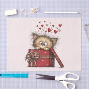 Cute Cartoon Kitten in a Box with Hearts Tissue Paper