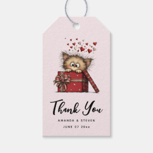 Cute Cartoon Kitten in a Box with Hearts - Wedding Gift Tags