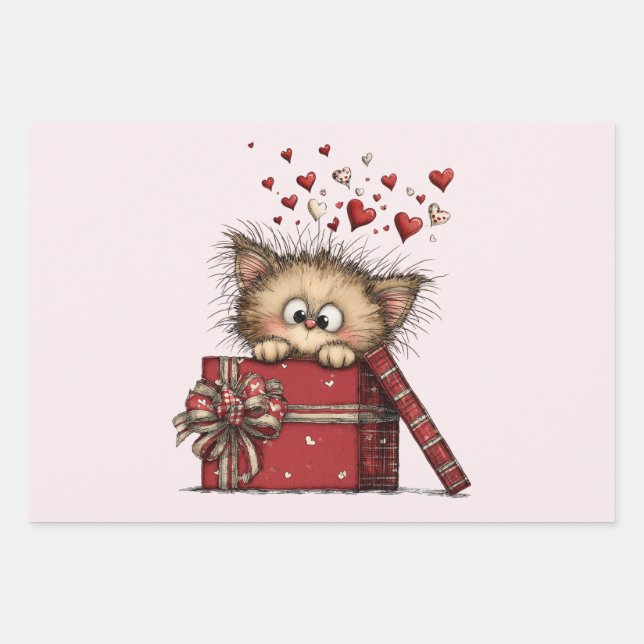 Cute Cartoon Kitten in a Box with Hearts Wrapping Paper Sheet (Front)