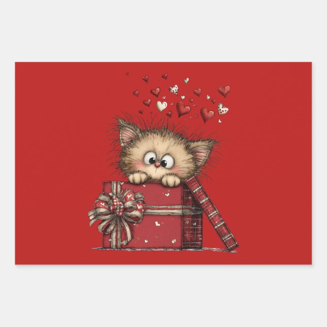 Cute Cartoon Kitten in a Box with Hearts Wrapping Paper Sheet (Front)