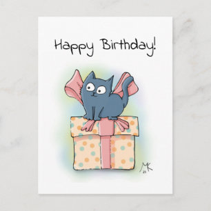 Cute Cartoon Kitten on Gift Box Happy Birthday Postcard