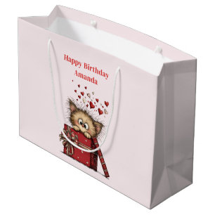 Cute Cartoon Kitten with Hearts Birthday Large Gift Bag