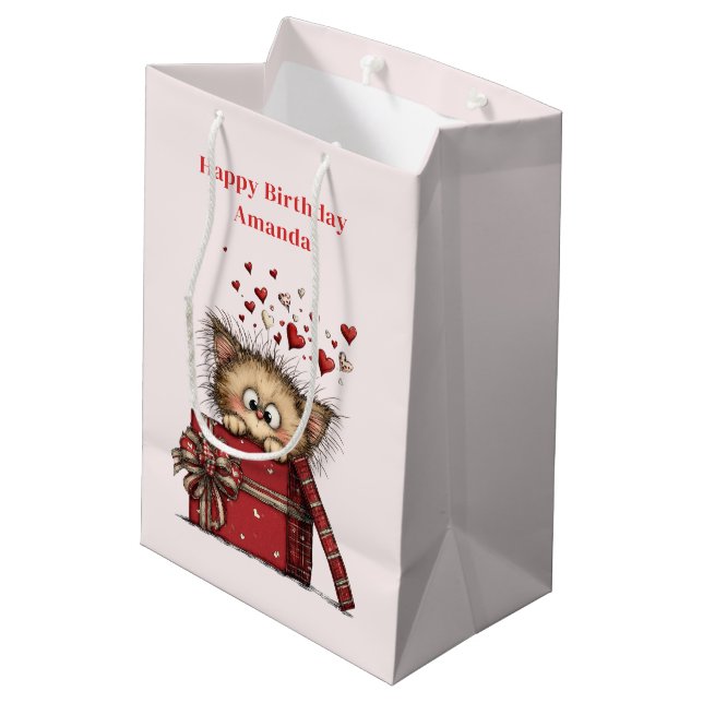 Cute Cartoon Kitten with Hearts Birthday Medium Gift Bag (Back Angled)
