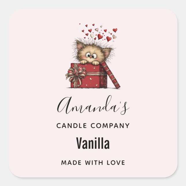 Cute Cartoon Kitten with Hearts Candle Business Square Sticker (Front)