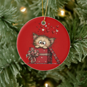 Cute Cartoon Kitten with Hearts Ceramic Tree Decoration