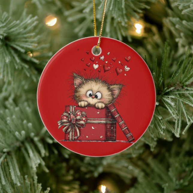 Cute Cartoon Kitten with Hearts Ceramic Tree Decoration (Tree)