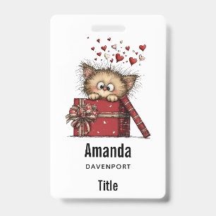Cute Cartoon Kitten with Hearts ID Badge