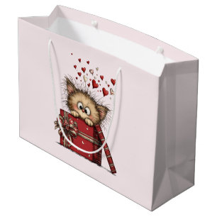 Cute Cartoon Kitten with Hearts Large Gift Bag
