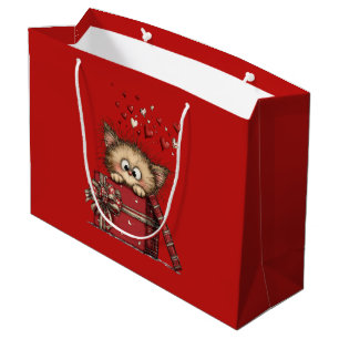 Cute Cartoon Kitten with Hearts Large Gift Bag