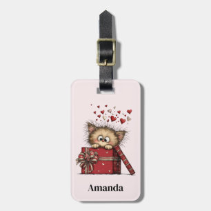 Cute Cartoon Kitten with Hearts Luggage Tag