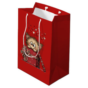 Cute Cartoon Kitten with Hearts Medium Gift Bag