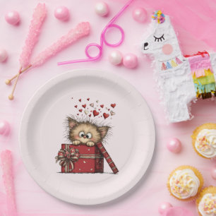Cute Cartoon Kitten with Hearts Paper Plate