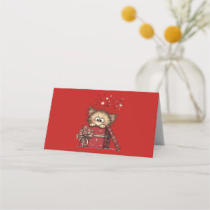 Cute Cartoon Kitten with Hearts Place Card