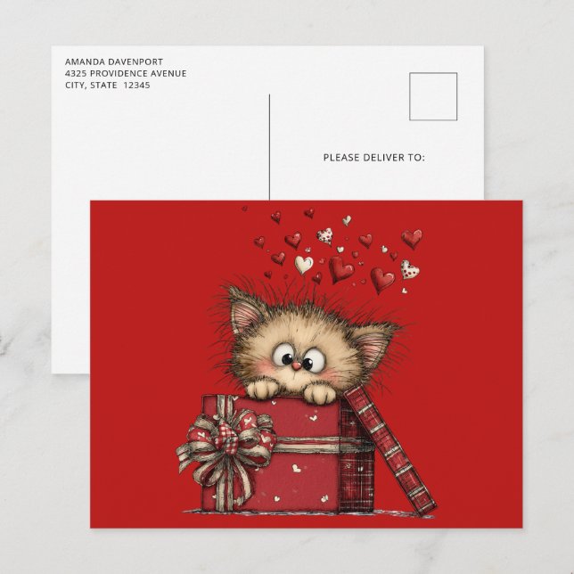 Cute Cartoon Kitten with Hearts Postcard (Front/Back)