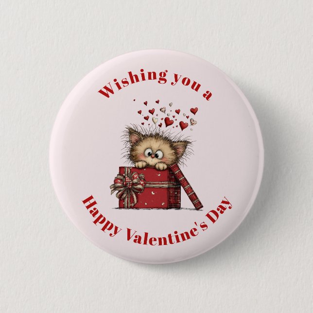 Cute Cartoon Kitten with Hearts Valentine's Day 6 Cm Round Badge (Front)