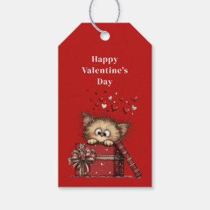 Cute Cartoon Kitten with Hearts Valentine's Day Gift Tags