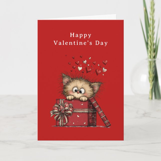 Cute Cartoon Kitten with Hearts Valentine's Day Holiday Card (Front)