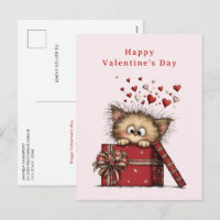 Cute Cartoon Kitten with Hearts Valentine's Day