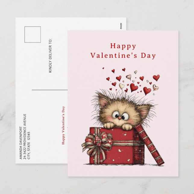 Cute Cartoon Kitten with Hearts Valentine's Day Holiday Postcard (Front/Back)