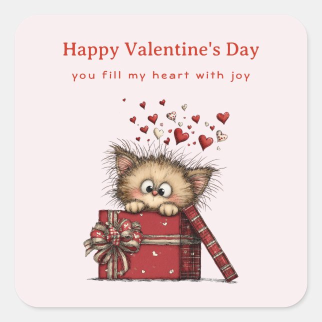 Cute Cartoon Kitten with Hearts Valentine's Day Square Sticker (Front)