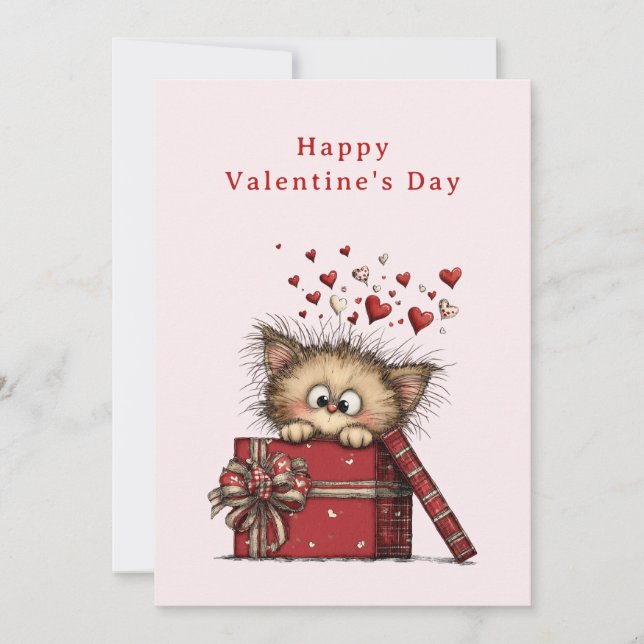 Cute Cartoon Kitten with Hearts Valentine's Holiday Card (Front)