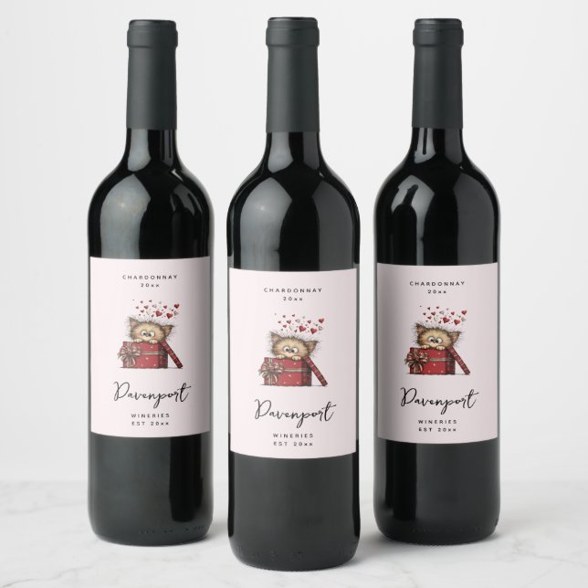 Cute Cartoon Kitten with Hearts Wine Making Wine Label (Bottles)