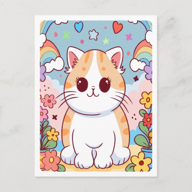 Cute Cartoon Kitty Cat, Flowers, Rainbows Postcard (Front)