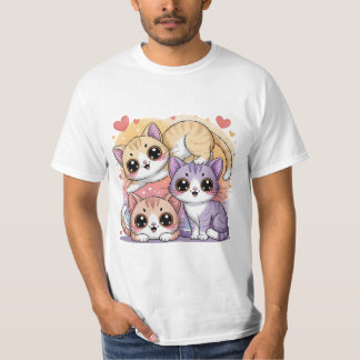 Cute Cartoon Kitty Trio with Hearts T-Shirt