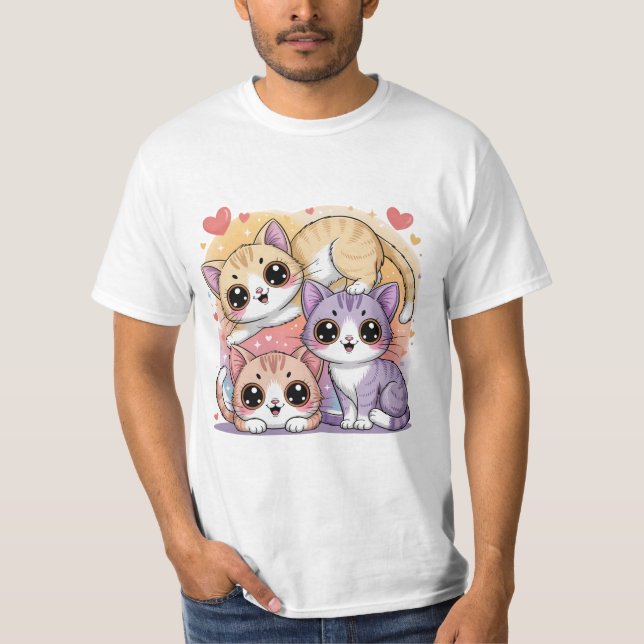 Cute Cartoon Kitty Trio with Hearts T-Shirt (Front)