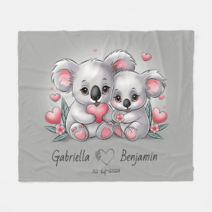 Cute Cartoon Koala Lovers Heart Valentine’s Day  Fleece Blanket
