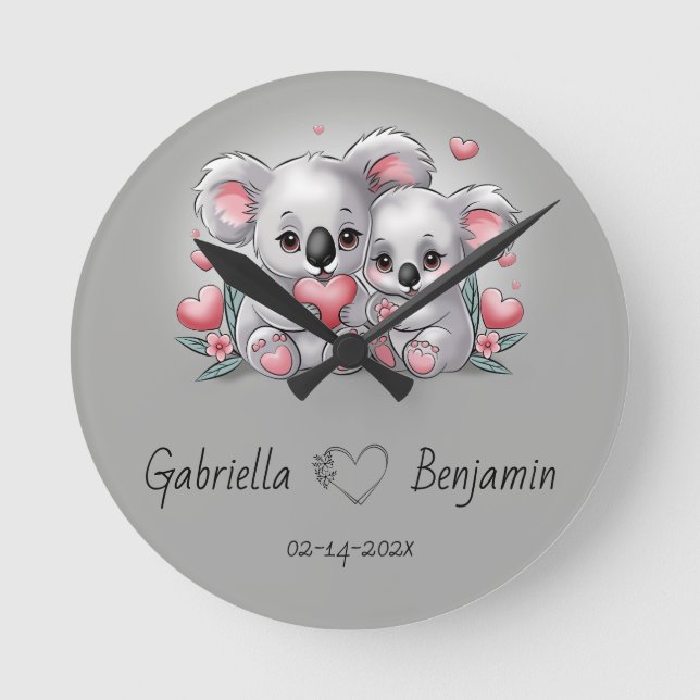 Cute Cartoon Koala Lovers Heart Valentine’s Day  Round Clock (Front)
