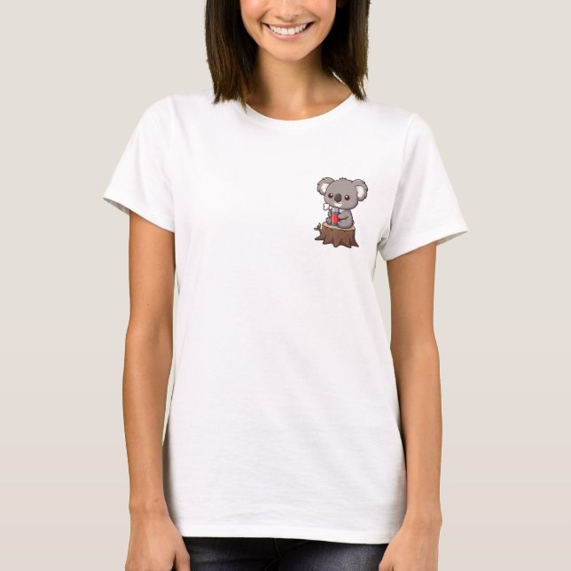 Cute Cartoon Koala with Steaming Thermos on Tree T-Shirt (Front)