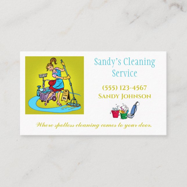 Cute Cartoon Lady Professional Cleaning Services Business Card (Front)