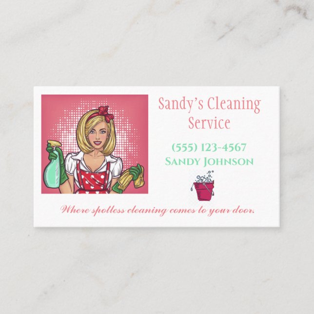 Cute Cartoon Lady Professional Cleaning Services Business Card (Front)