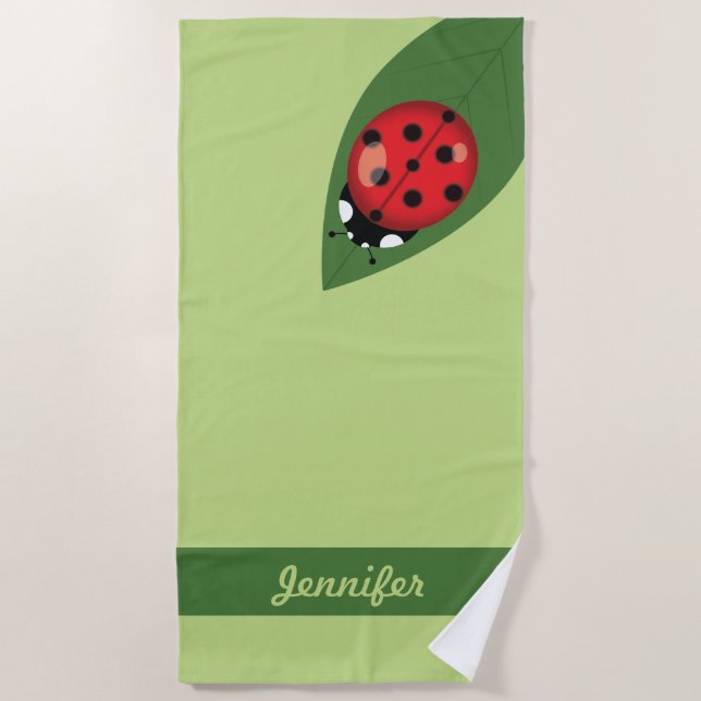 Cute Cartoon Ladybug On A Leaf And Custom Name Beach Towel (Front)