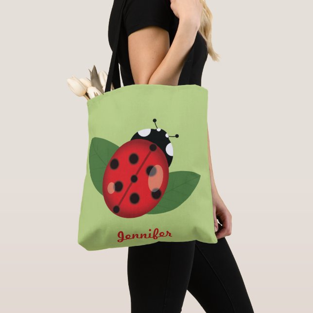 Cute Cartoon Ladybug With Personalizable Name Tote Bag (Close Up)