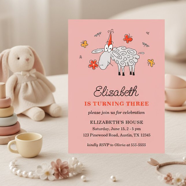Cute Cartoon Lamb Girl Third Birthday Party Invitation (Creator Uploaded)