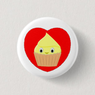 Cute Cartoon Lemon Cupcake In Red Heart  Button