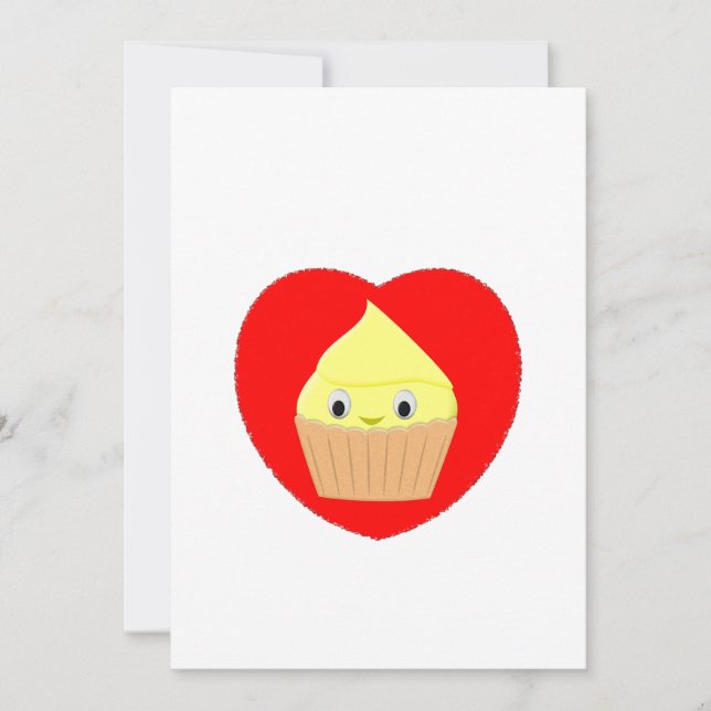 Cute Cartoon Lemon Cupcake In Red Heart Invitation (Front)