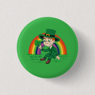 Cute cartoon leprechaun with shamrock and rainbow 3 cm round badge