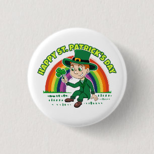 Cute cartoon leprechaun with shamrock and rainbow 3 cm round badge