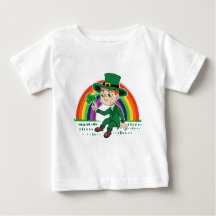 Cute cartoon leprechaun with shamrock and rainbow